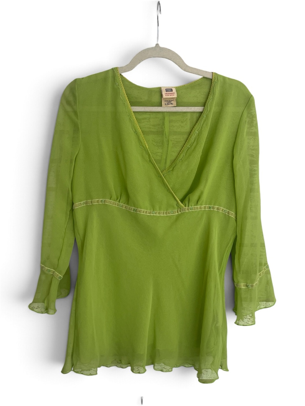 2000s Green Sheer Chiffon Surplice V-Neck Blouse Fairycore Grunge Flutter Sleeve